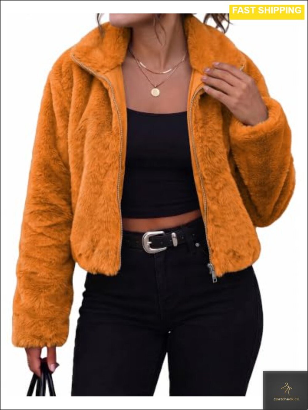Faux Fur Cropped Zip Up Jacket Fuzzy Winter Coat Women's